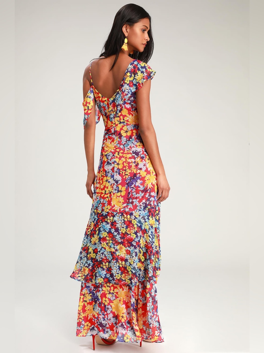 Lulu’s Radiant Rudy Red Floral Print Chiffon Maxi Dress Medium NWT - Picture 2 of 14